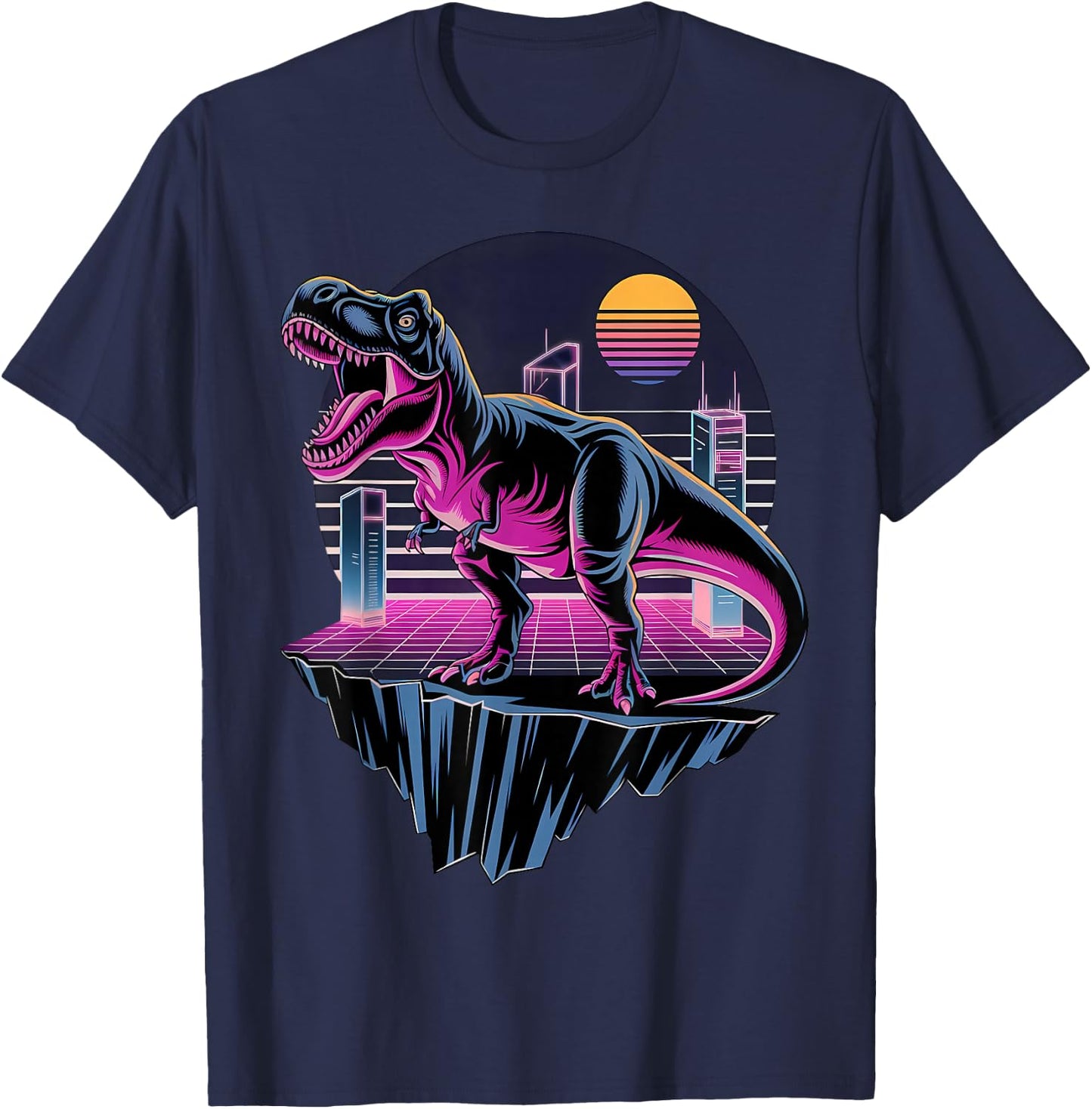 Electric Retro T-Rex Neon Dinosaur Aesthetic T-Shirt - T-Shirt | Navy