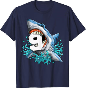 Kids Shark 9th Birthday Boys Funny Shark 9 yrs Old Birthday T-Shirt - T-Shirt | Navy