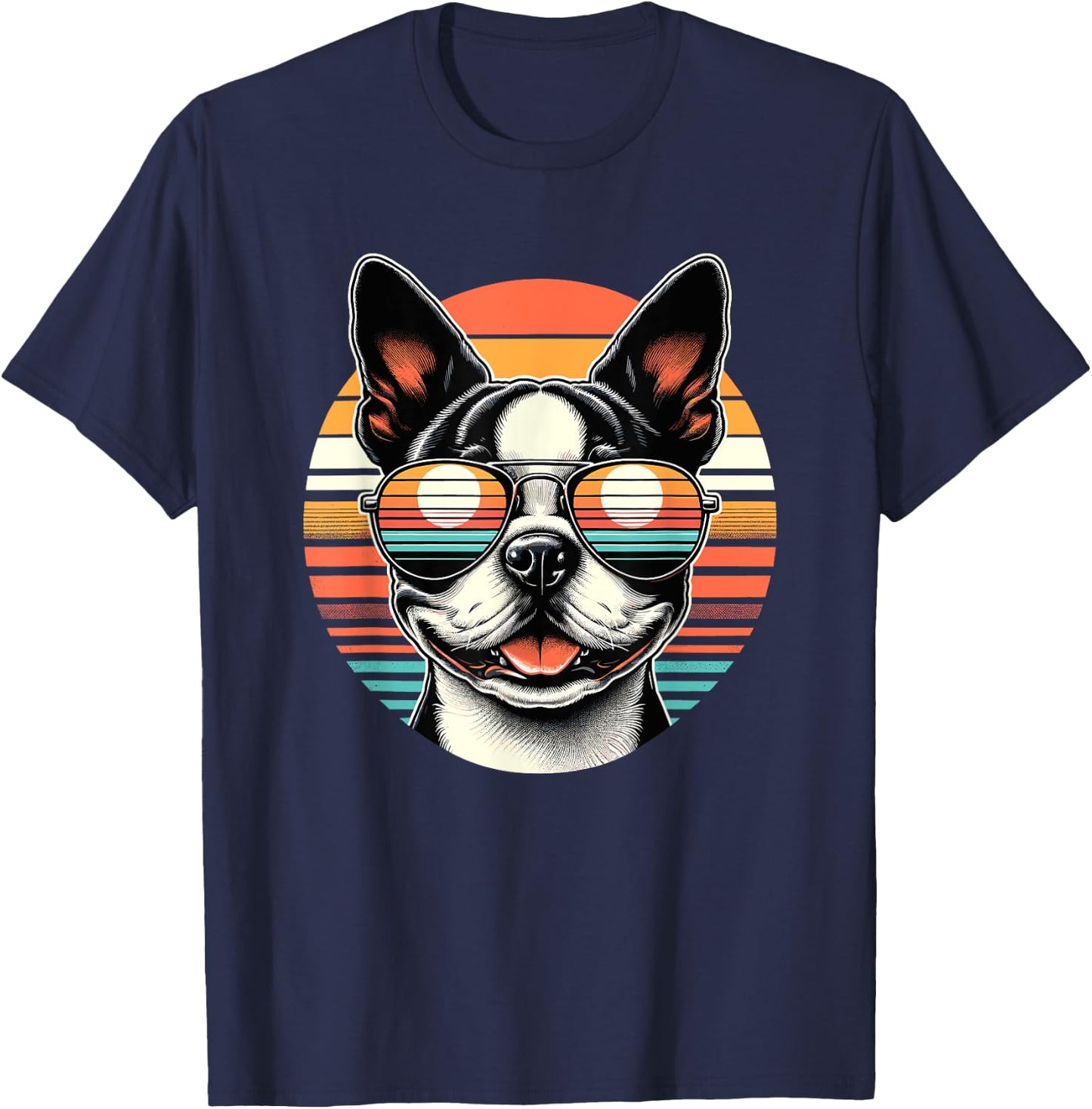 Retro Sunset Sunglasses Boston Terrier Boston Bull Bostie T-Shirt - T-Shirt | Navy