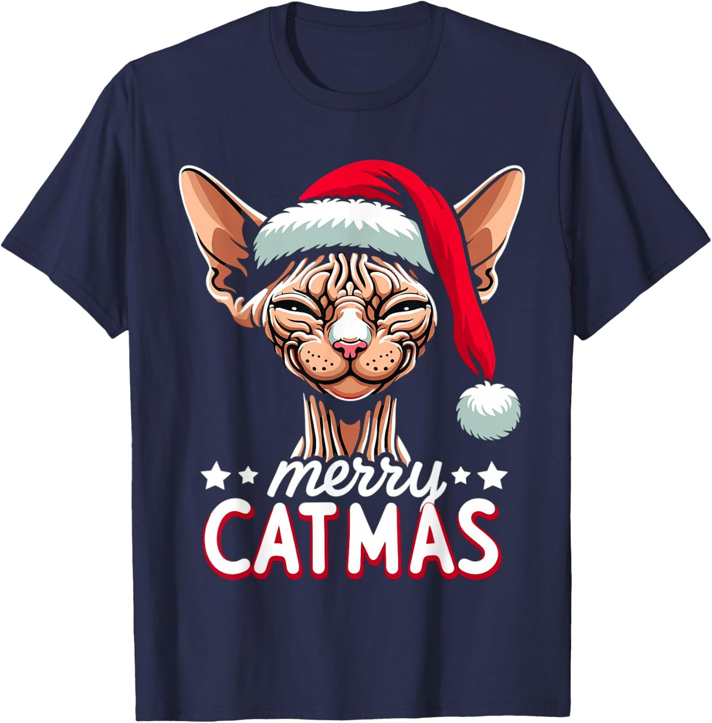 Christmas Sphynx Cat Merry Catmas Santa Hat Xmas T-Shirt - T-Shirt | Navy