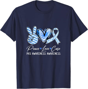 Peace Love Cure Blue Ribbon Pku Awareness T-Shirt - T-Shirt | Navy