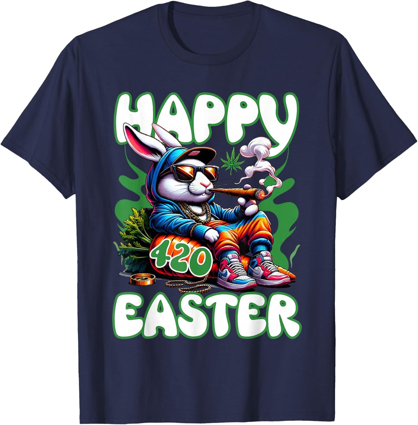 Happy 420 Easter Funny Smoking Easter Bunny Men Women T-Shirt - T-Shirt | Navy