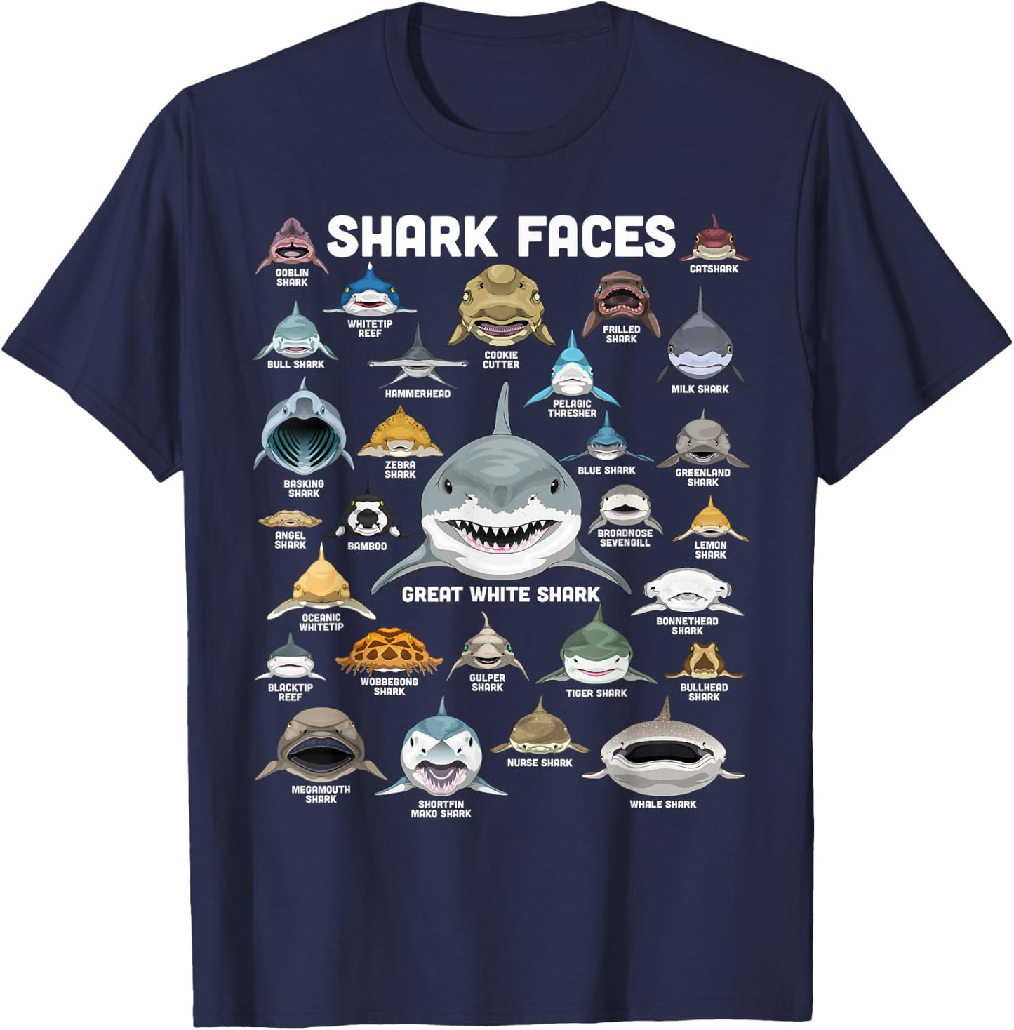 Shark Faces Shirt Shark Types Funny Biology Navy Shark , Black, S T-Shirt - T-Shirt | Navy