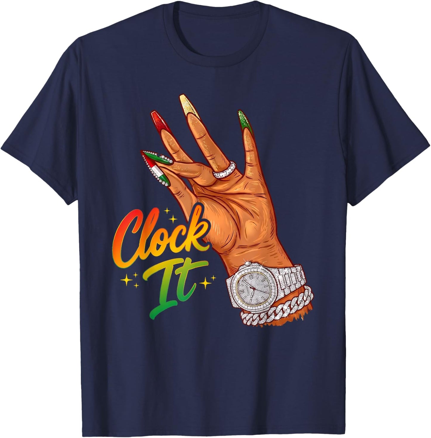 Striped Juneteenth Black Girl Clock It Afro Queen Melanin T-Shirt - T-Shirt | Navy