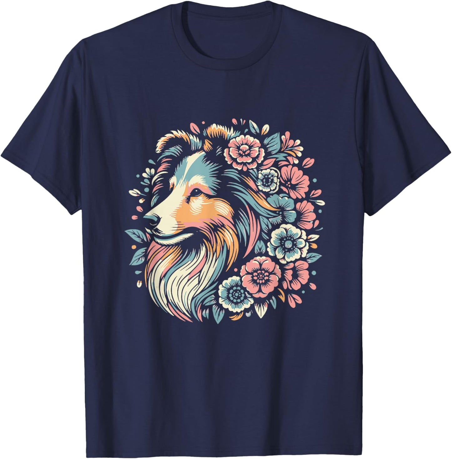 Floral Shetland Sheepdog Dog Flower Sheltie Graphic Design T-Shirt - T-Shirt | Navy