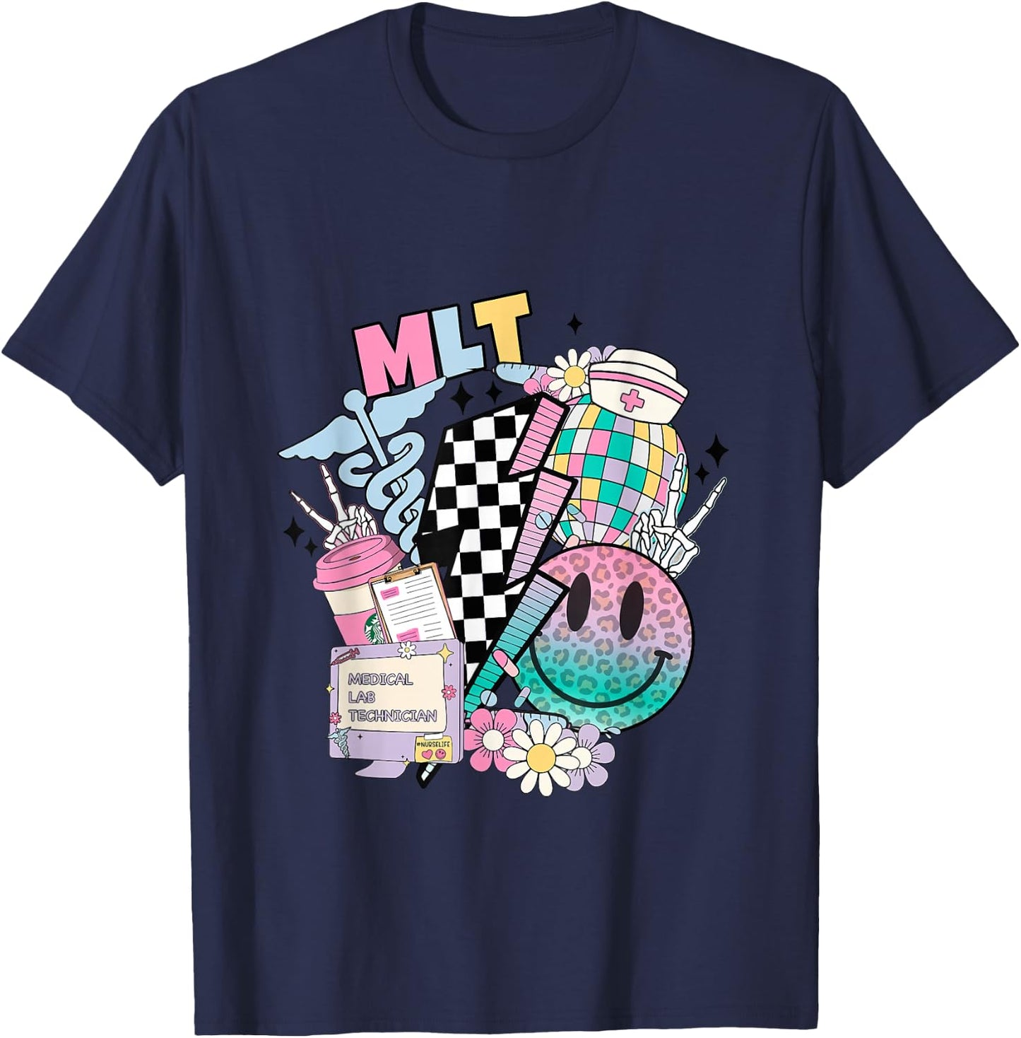 Smile face MLT Medical Laboratory Technician Stethoscope T-Shirt - T-Shirt | Navy