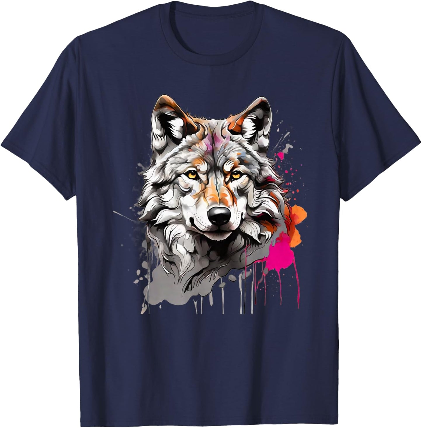 Wolf mit bunten Farbspritzern Wölfe und Waldtiere T-Shirt - T-Shirt | Navy