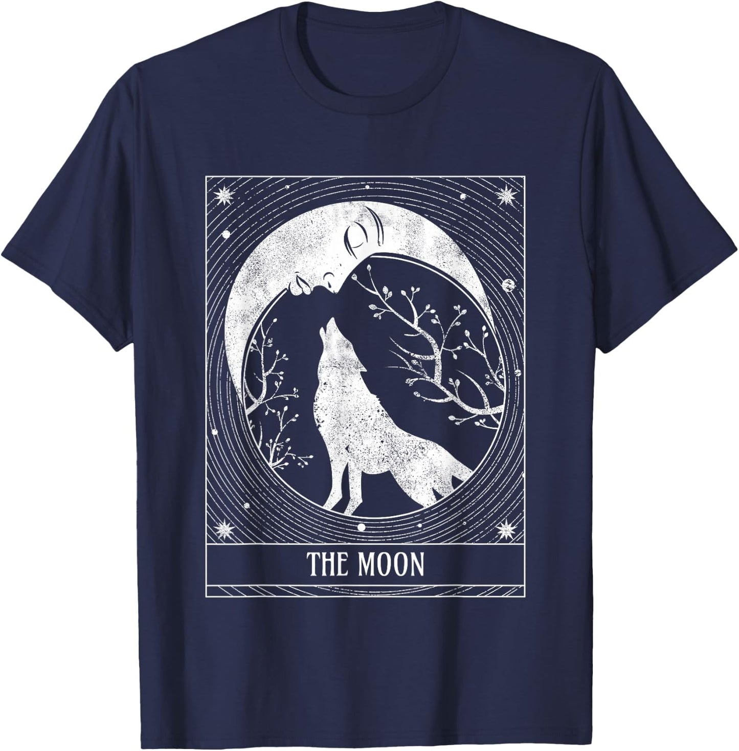 Distressed Crescent Moon and Wolf Tarot Card T-Shirt - T-Shirt | Navy