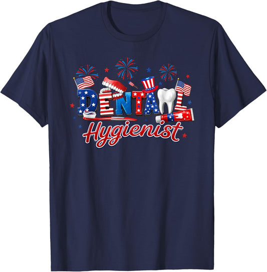 Patriotic Dental Hygienist 4th of July Dentist USA Flag T-Shirt - T-Shirt | Navy