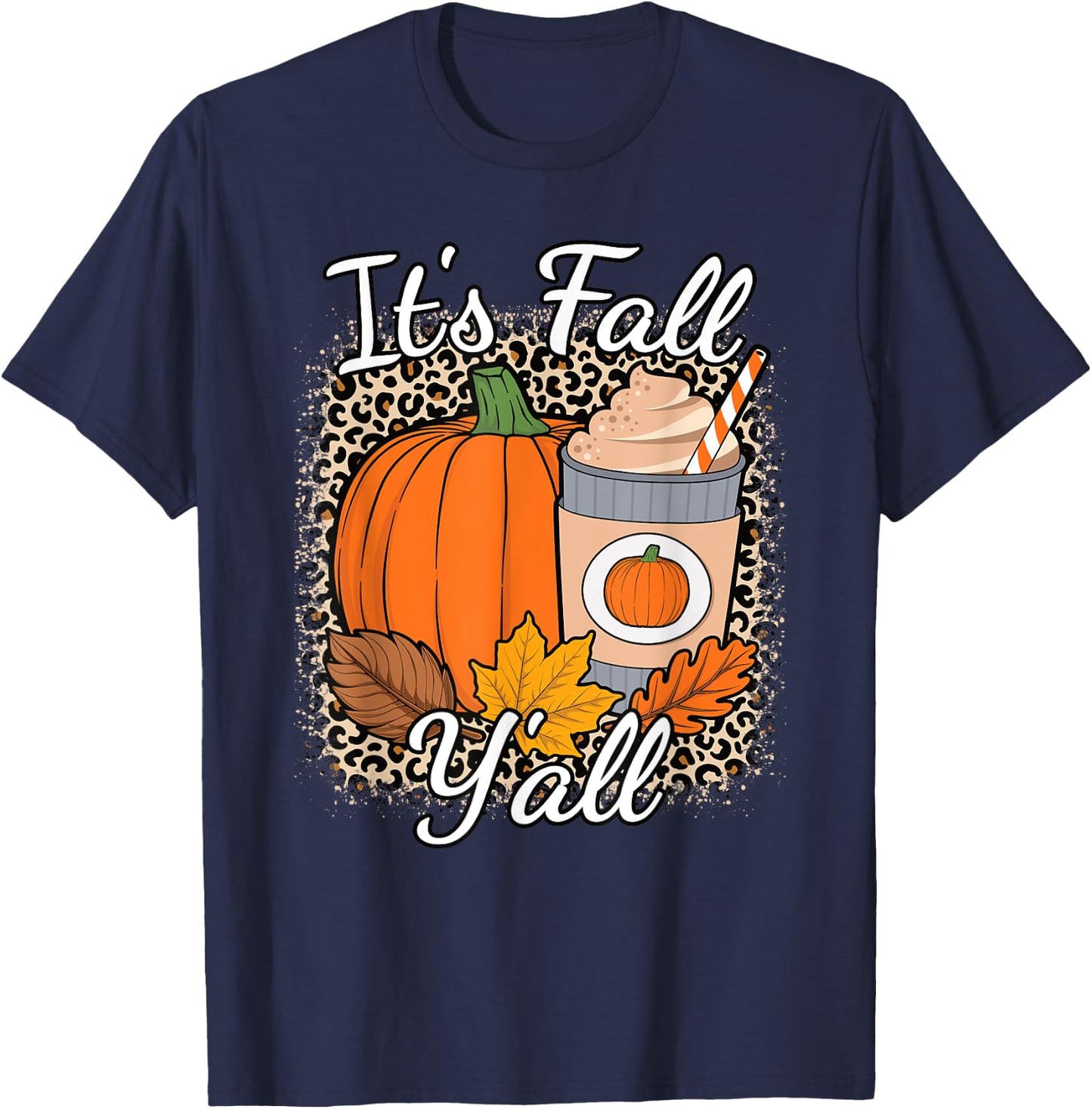 Its Fall Y'all Leopard Print Pumpkin Autumn Women Girls Kids T-Shirt - T-Shirt | Navy