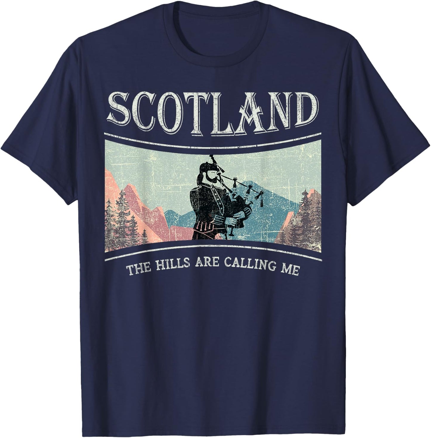Scotland wilderness Scottish Highlands bagpipes mountains T-Shirt - T-Shirt | Navy