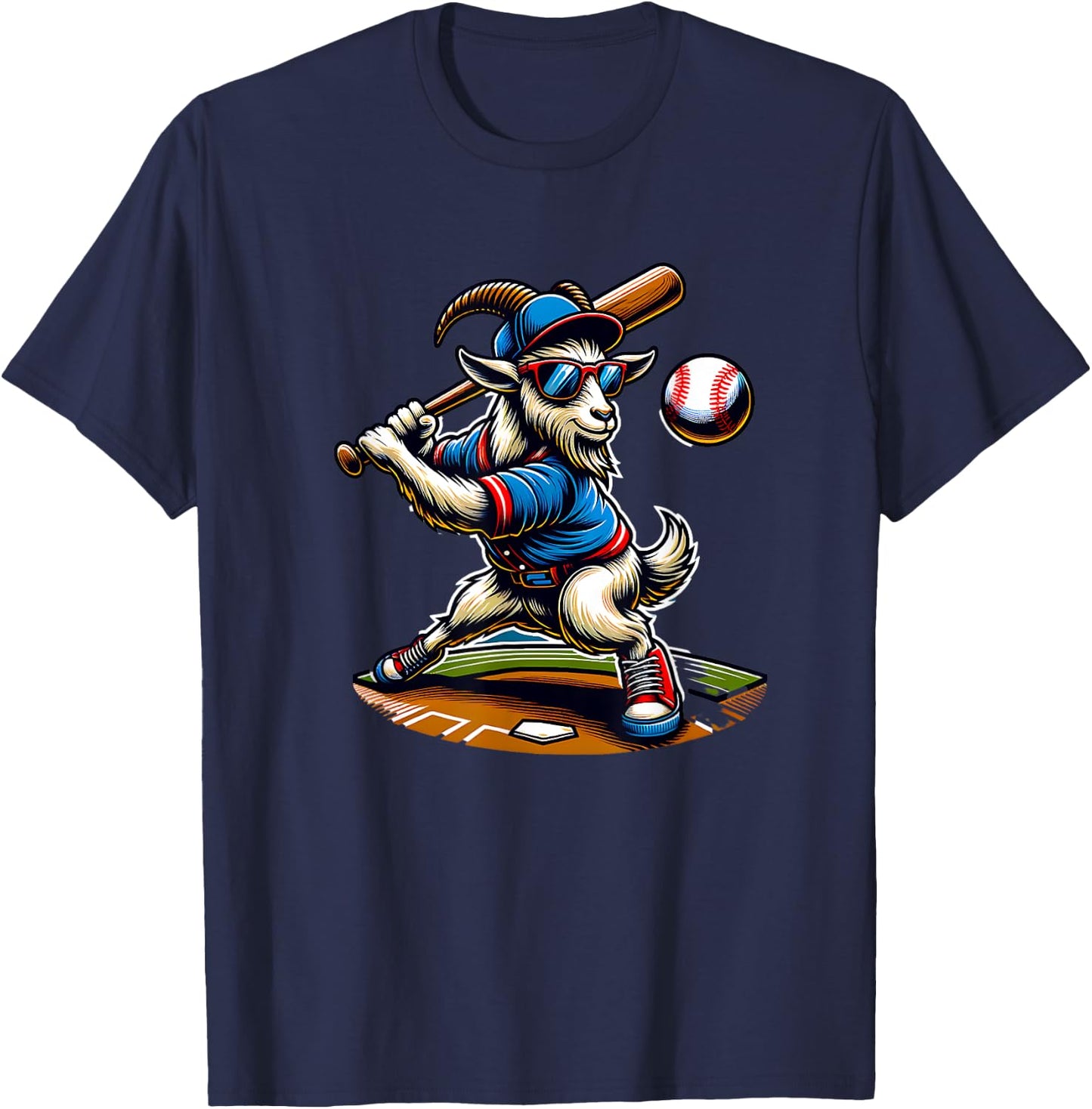 Goat Baseball Player With Bat And Ball Cool Animal Sports T-Shirt - T-Shirt | Navy