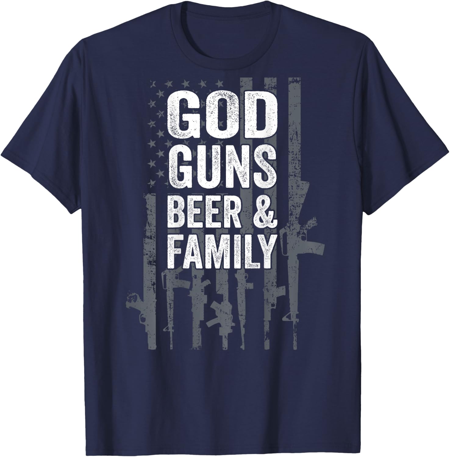 GOD GUNS BEER & FAMILY - USA Flag Drinking Gift - ON BACK T-Shirt - T-Shirt | Navy