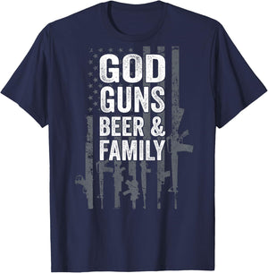 GOD GUNS BEER & FAMILY - USA Flag Drinking Gift - ON BACK T-Shirt - T-Shirt | Navy