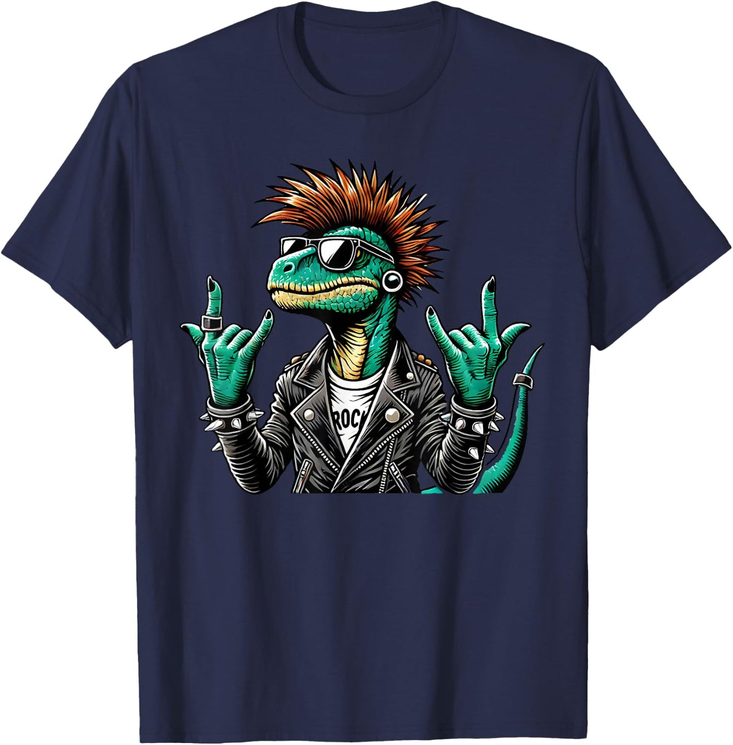 Funny Punk Dinosaur, Cute Rock Dinosaur Gothic Rex Dinosaur , Black, S T-Shirt - T-Shirt | Navy