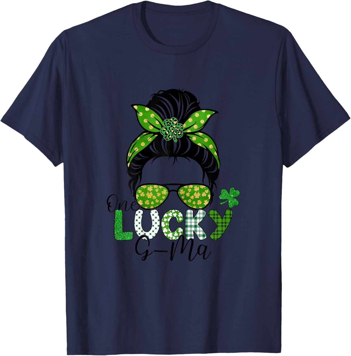 One Lucky G-Ma St Patricks Day Leopard Shamrock Messy Bun T-Shirt - T-Shirt | Navy