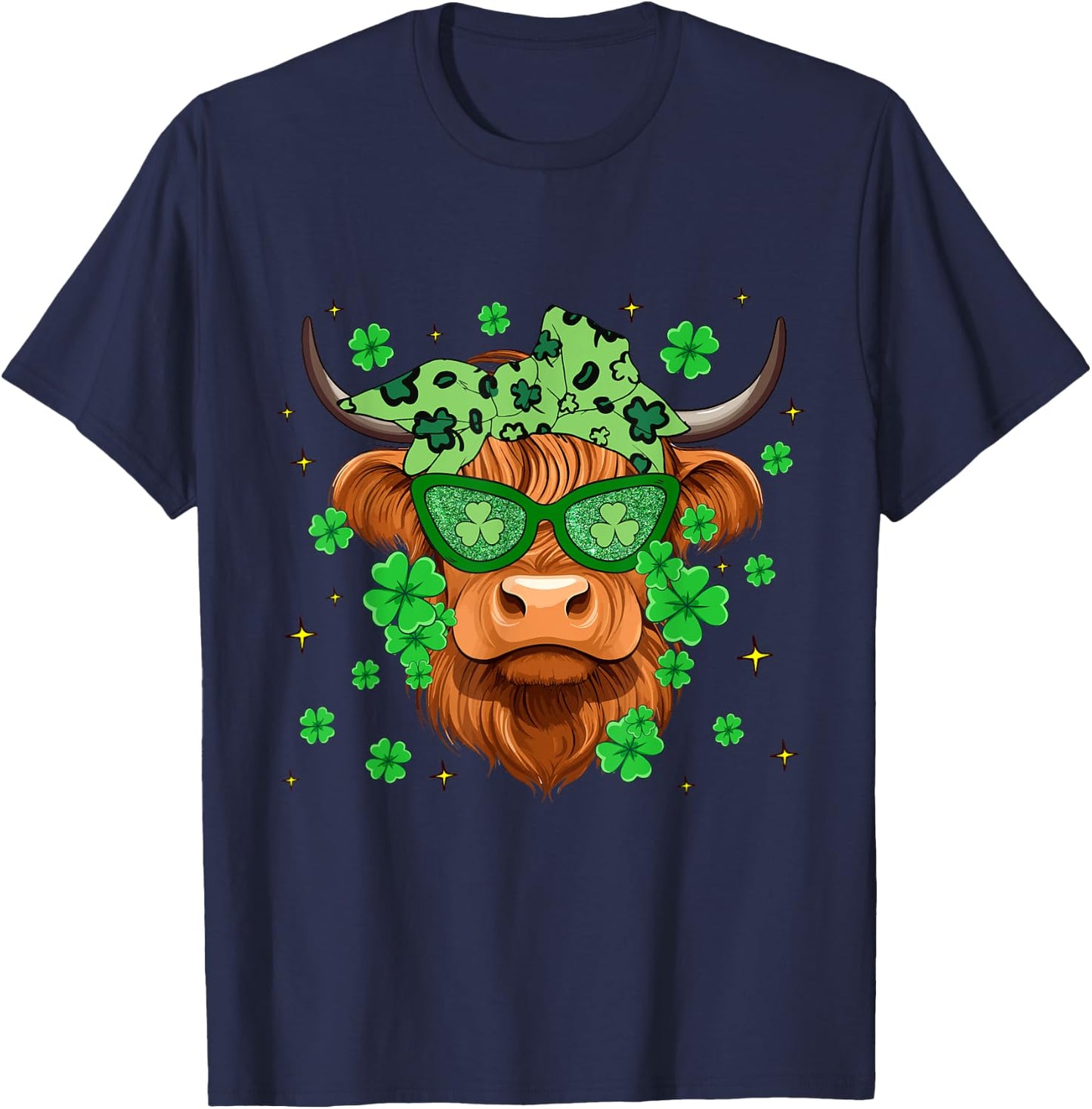Scottish Highland Cow St Patricks Day Shamrock Irish Holiday T-Shirt - T-Shirt | Navy