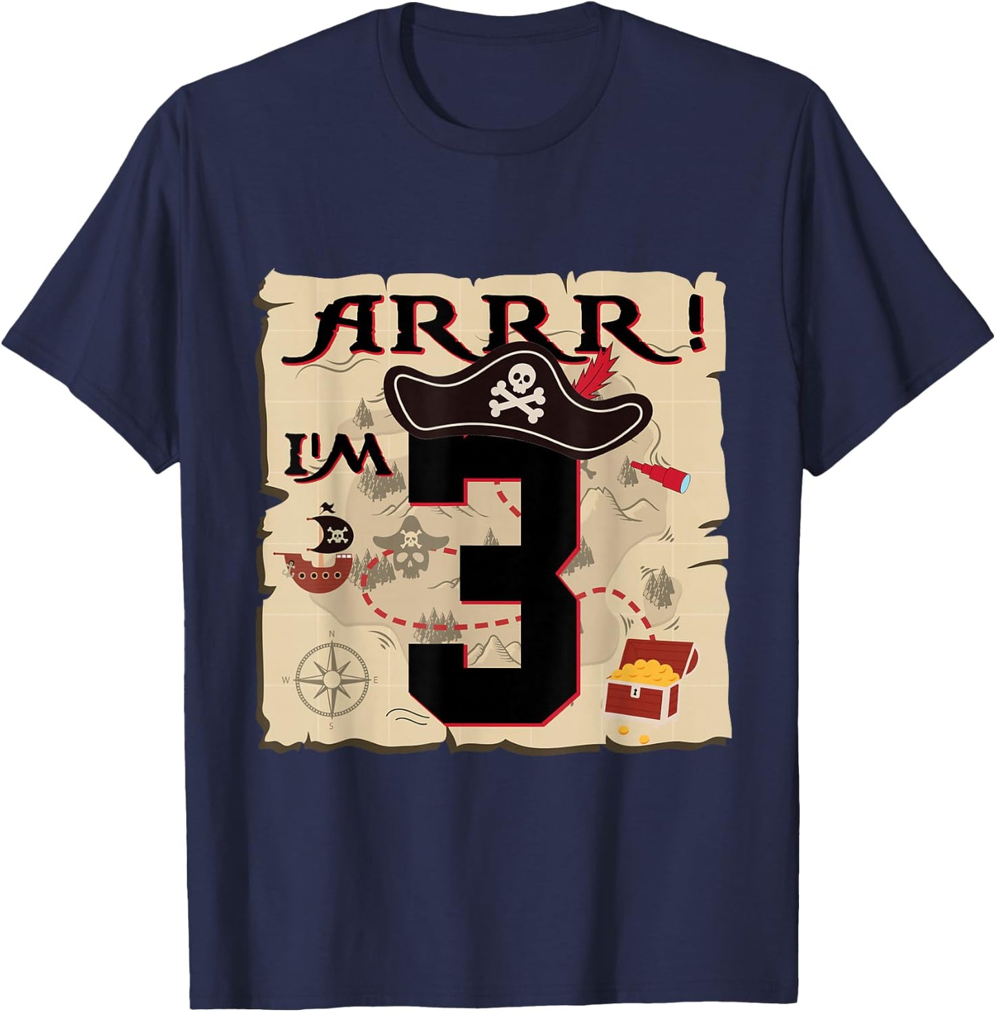 Arrr I'M 3 ARR Pirates Treasure Map 3rd Birthday Pirate T-Shirt - T-Shirt | Navy