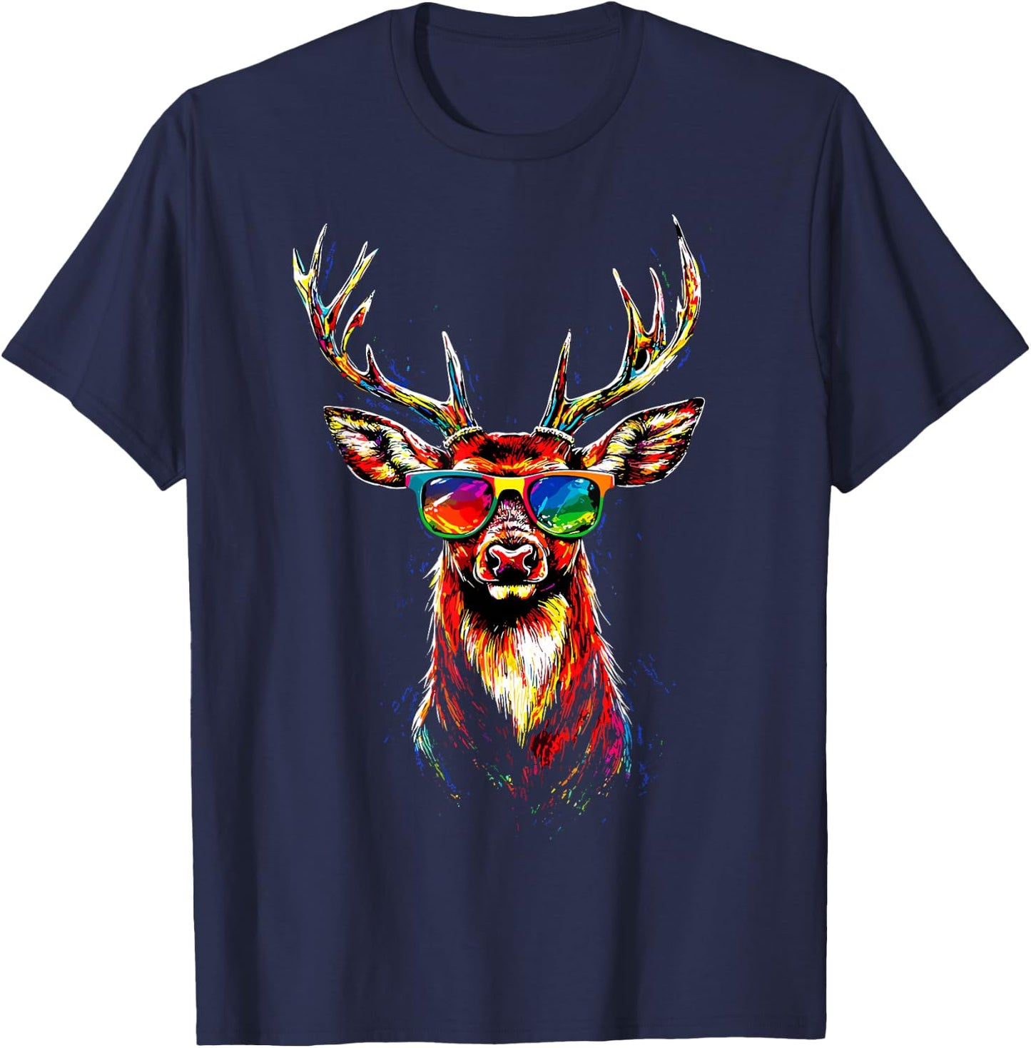 Deer with Sunglasses Antlers Hunting Deer Reindeer Red Deer , black, S T-Shirt - T-Shirt | Navy