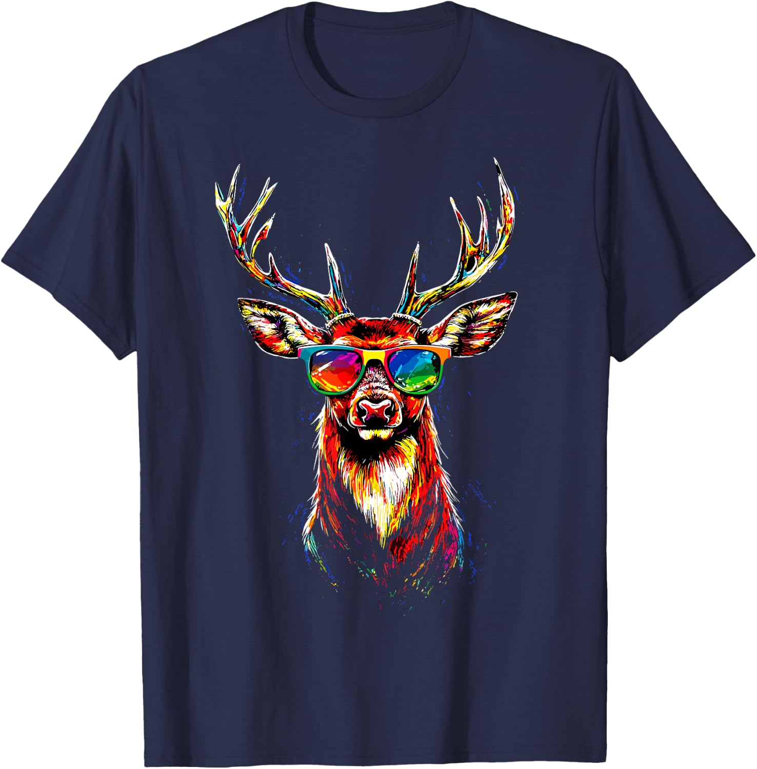 Deer with Sunglasses Antlers Hunting Deer Reindeer Red Deer , black, S T-Shirt - T-Shirt | Navy