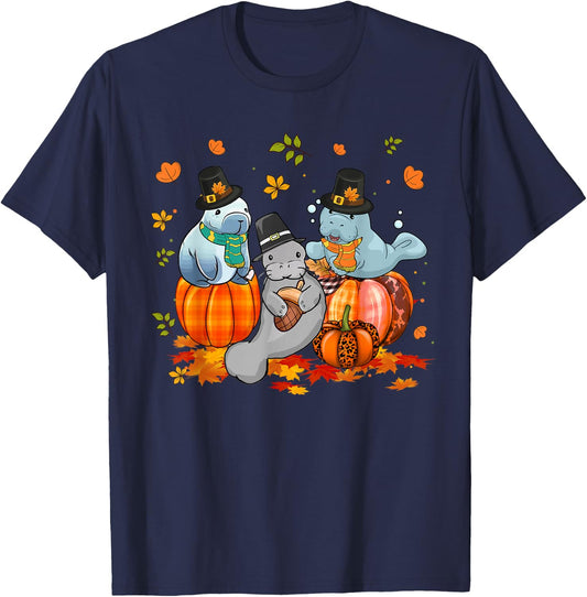 Manatee Pumpkin Leopard Buffalo Plaid Fall Thanksgiving T-Shirt - T-Shirt | Navy