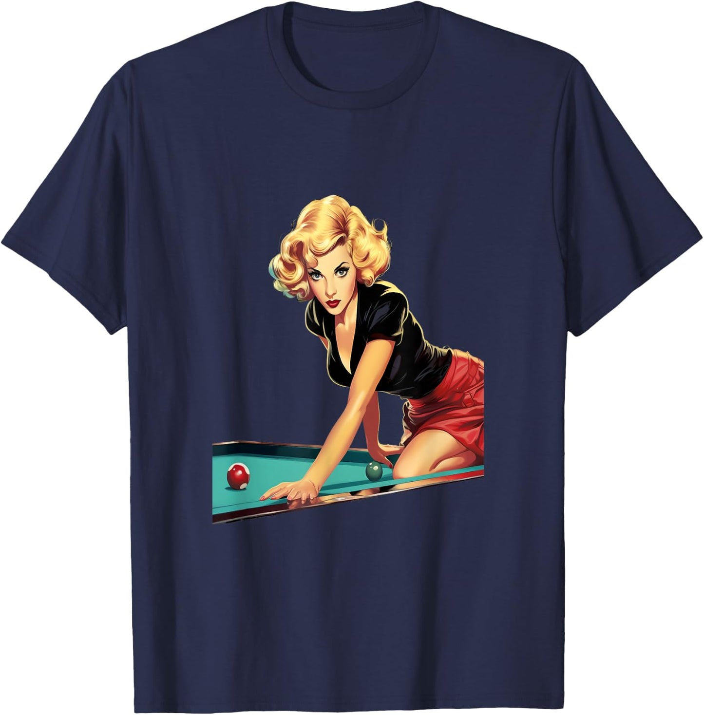 Pinup Girl Playing Billiard Pool Player Vintage T-Shirt - T-Shirt | Navy