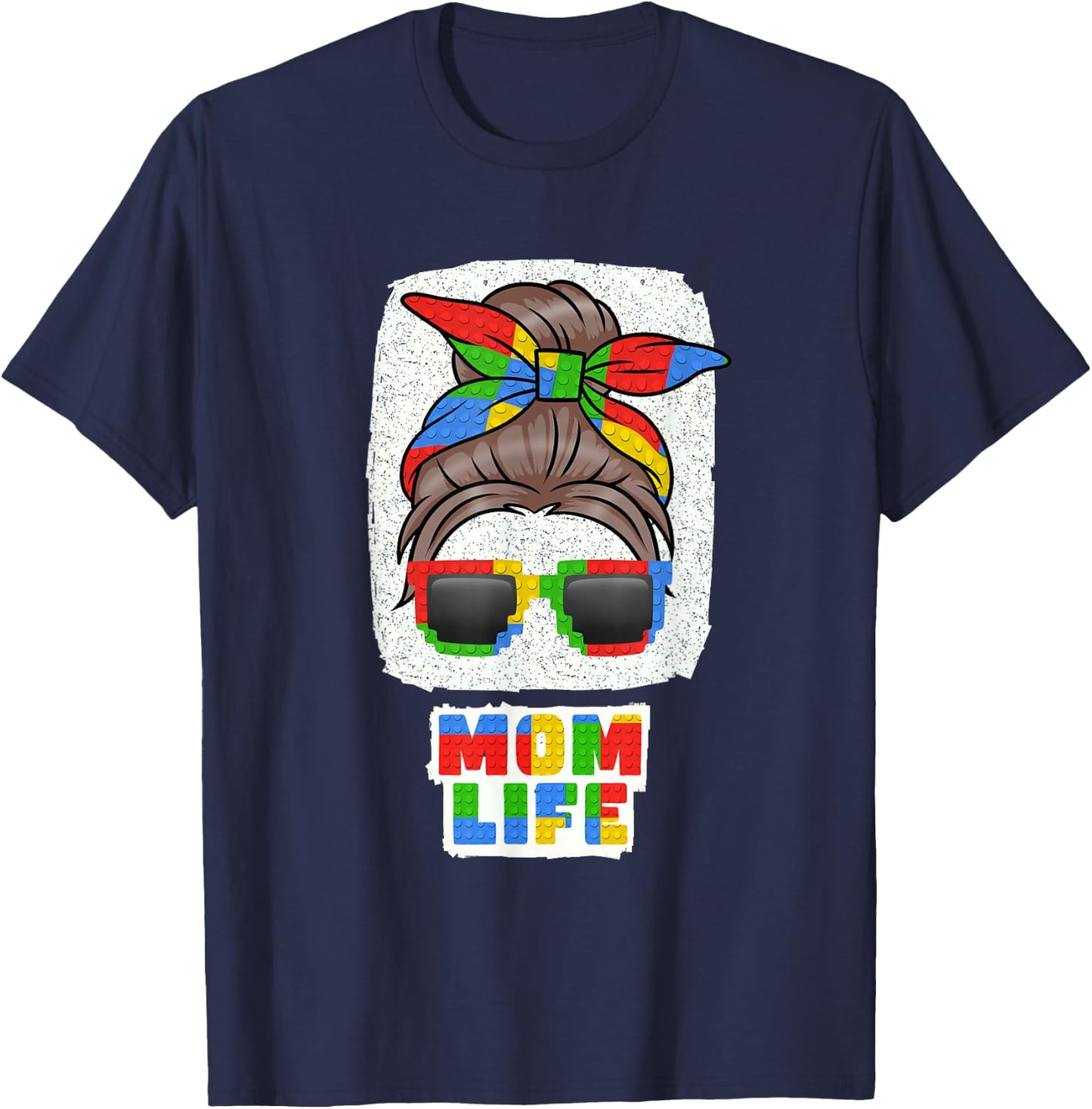 Mom Life Cute Messy Bun Master Builder Building Blocks Women T-Shirt - T-Shirt | Navy