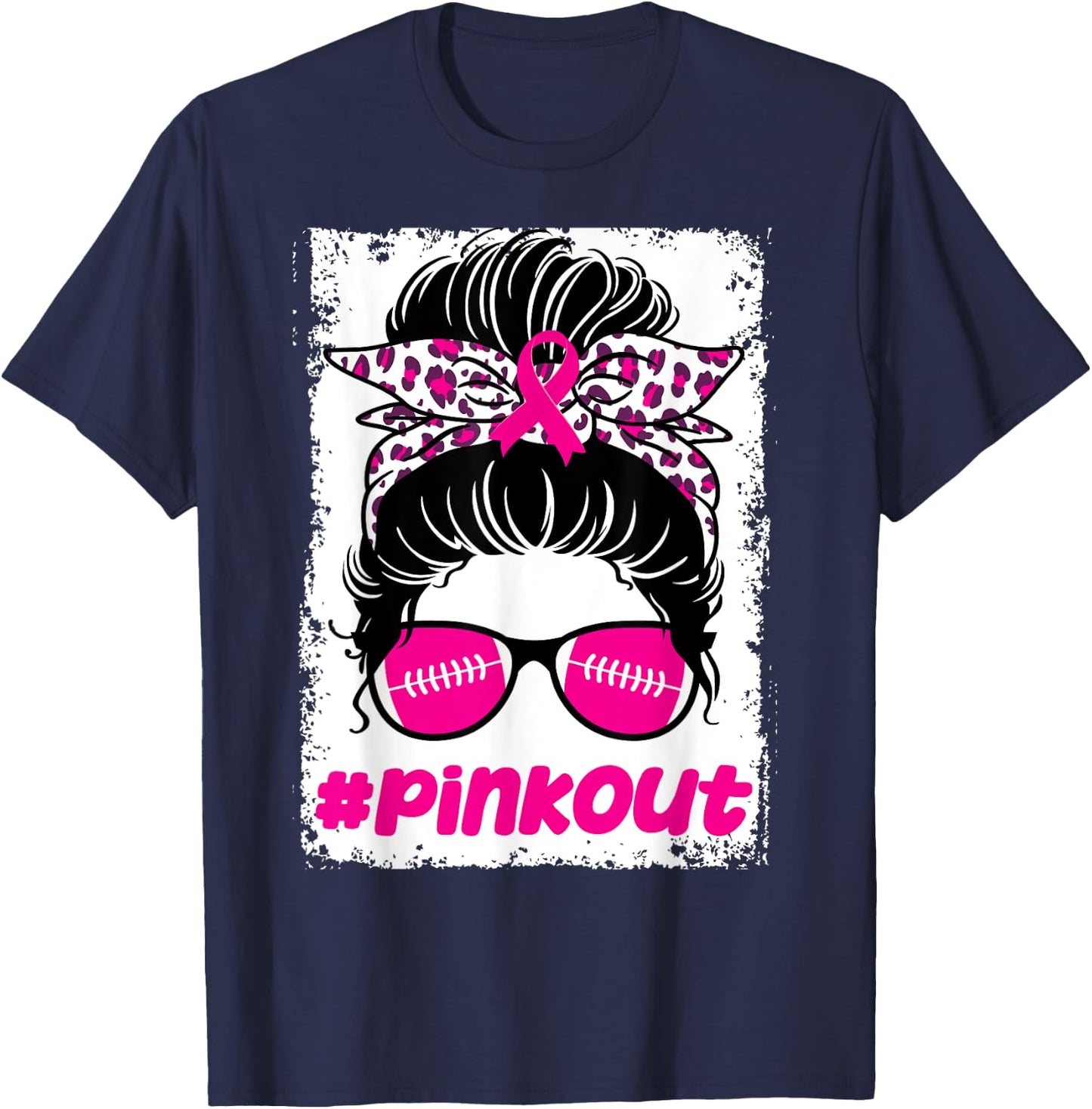 Pink Out Ou Breast Cancer Football Messy Bun Cheer Bleached T-Shirt - T-Shirt | Navy