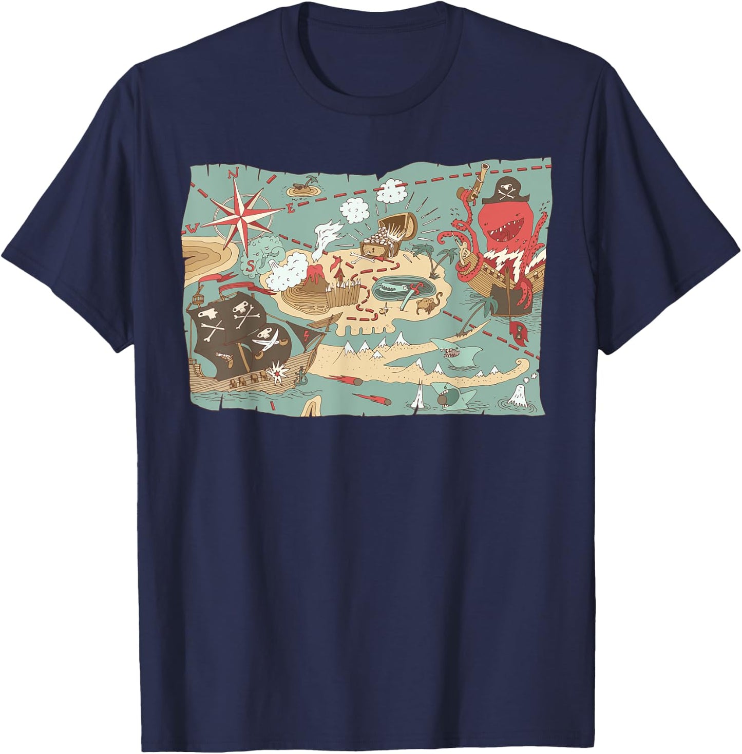 Treasure Map Ship Sharks Pirates & Skulls Shirt Boys Kids T-Shirt - T-Shirt | Navy