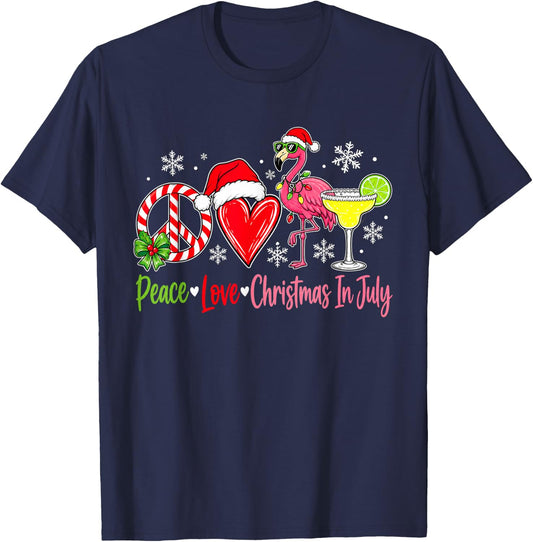 Peace Love Christmas in July Flamingo Christmas in July T-Shirt - T-Shirt | Navy