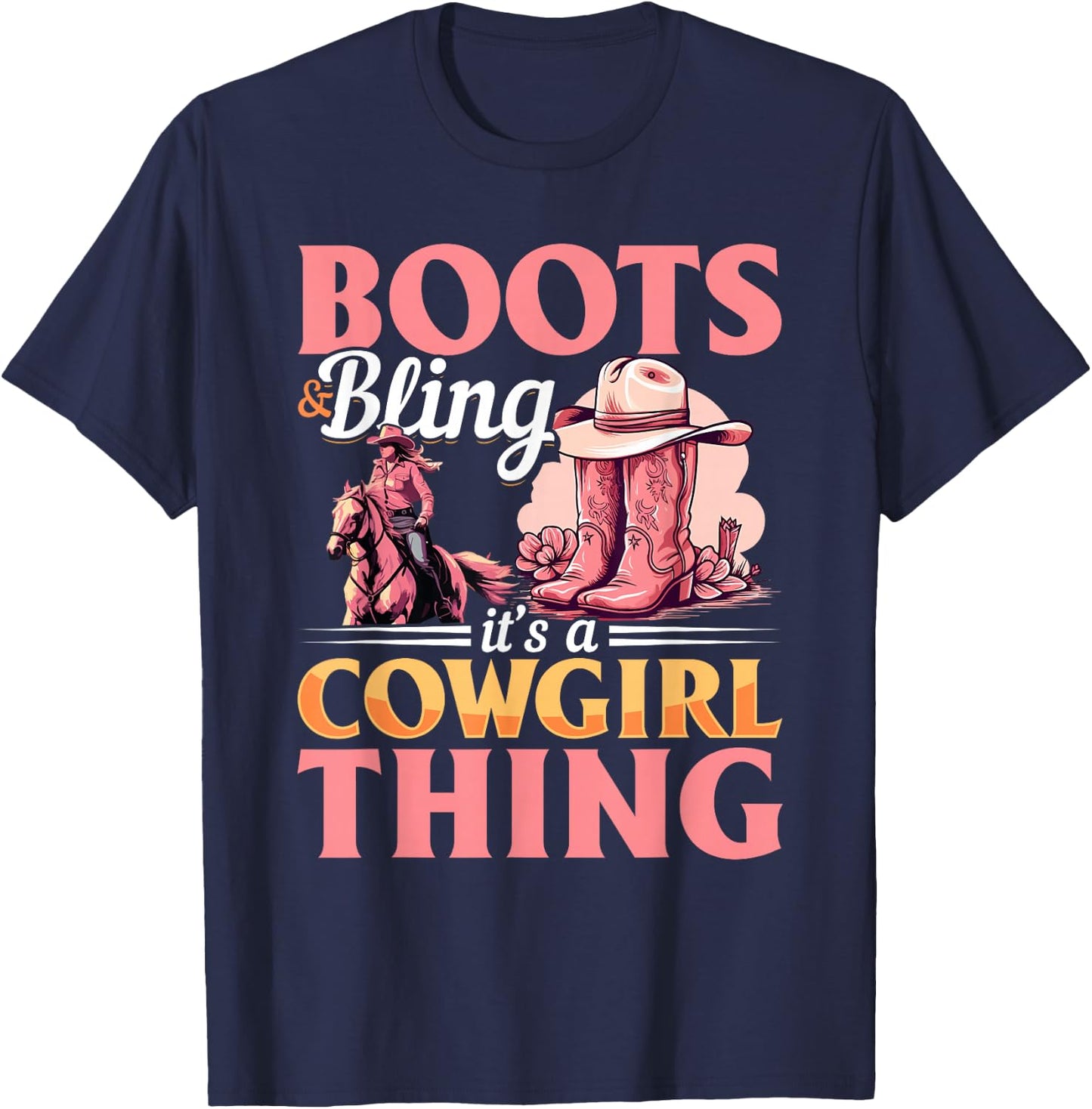 Rodeo Western Country Southern Cowgirl hat - Boots & Bling T-Shirt - T-Shirt | Navy