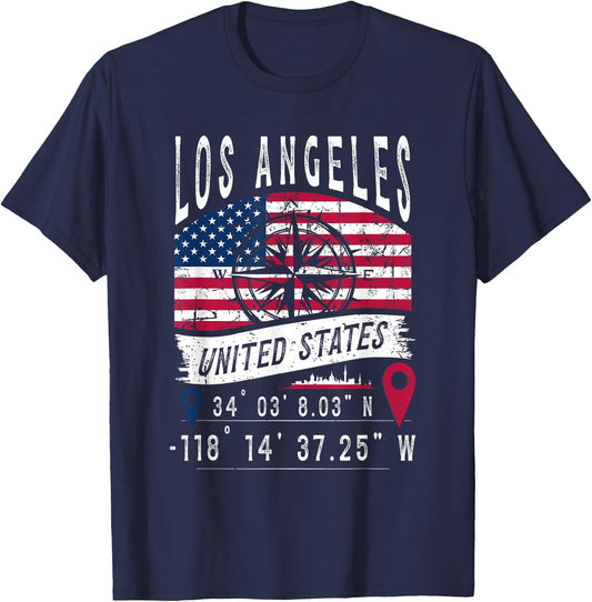 Los Angeles USA Flag GPS Coordinates Los Angeles , Black, S T-Shirt - T-Shirt | Navy