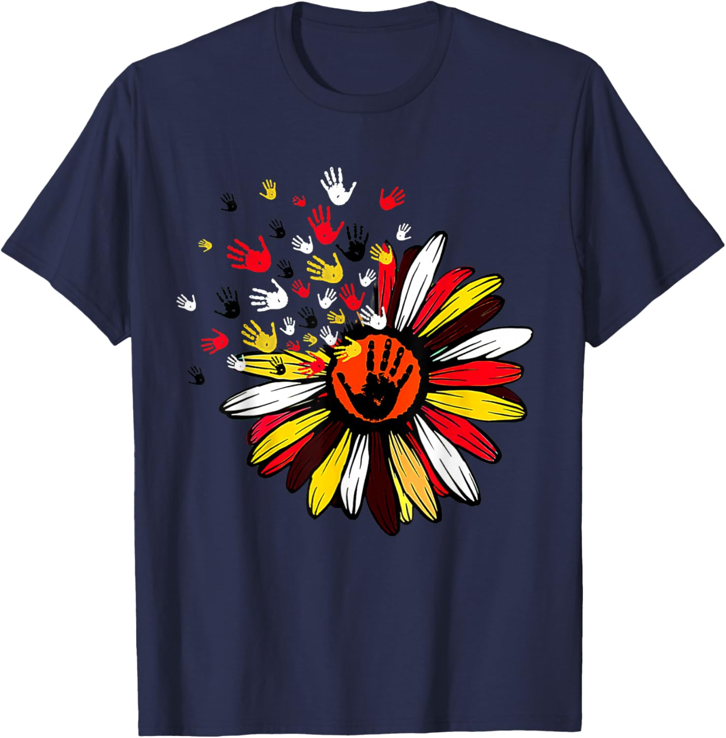 Native American Handprint Flower Traditional Colors T-Shirt - T-Shirt | Navy