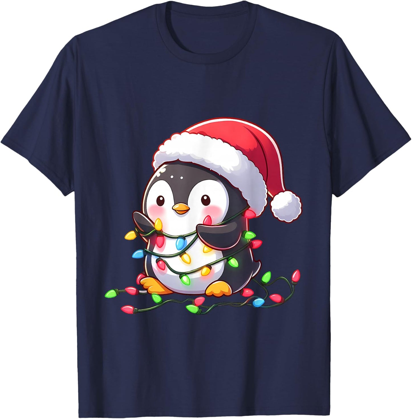 Merry Penguinmas Christmas Lights Cute Penguin Santa Hat T-Shirt - T-Shirt | Navy