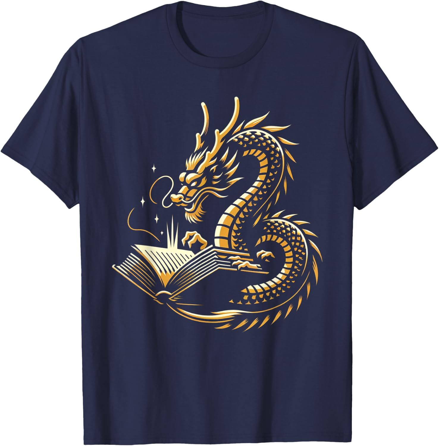 Book Lovers Dragon Fantasy Art Mythical Creatures Yellow Bookworm Chinese Dragon T-Shirt - T-Shirt | Navy