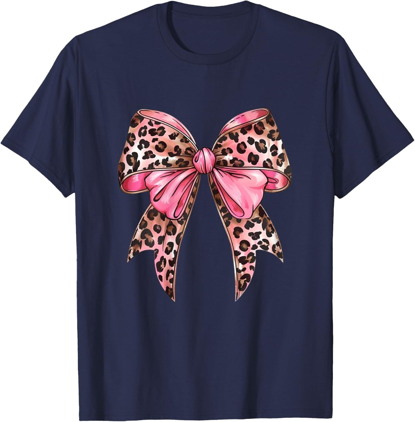 Leopard Coquette Bow Pink Leopard Bow Ribbon Watercolor Girl T-Shirt - T-Shirt | Navy