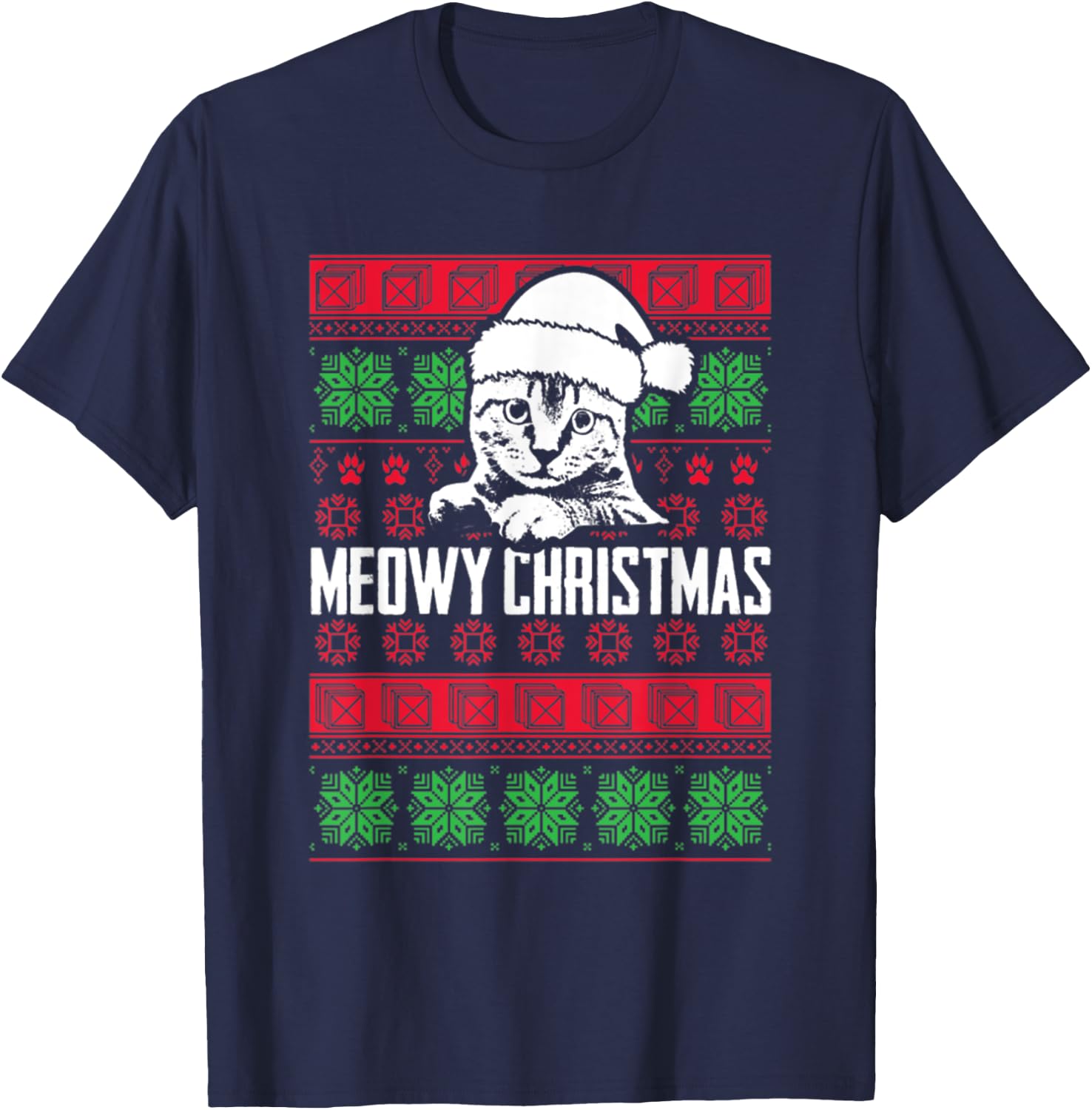 Meowy Cat Pet Owner Lover Pun Funny Ugly Christmas Sweater T-Shirt - T-Shirt | Navy