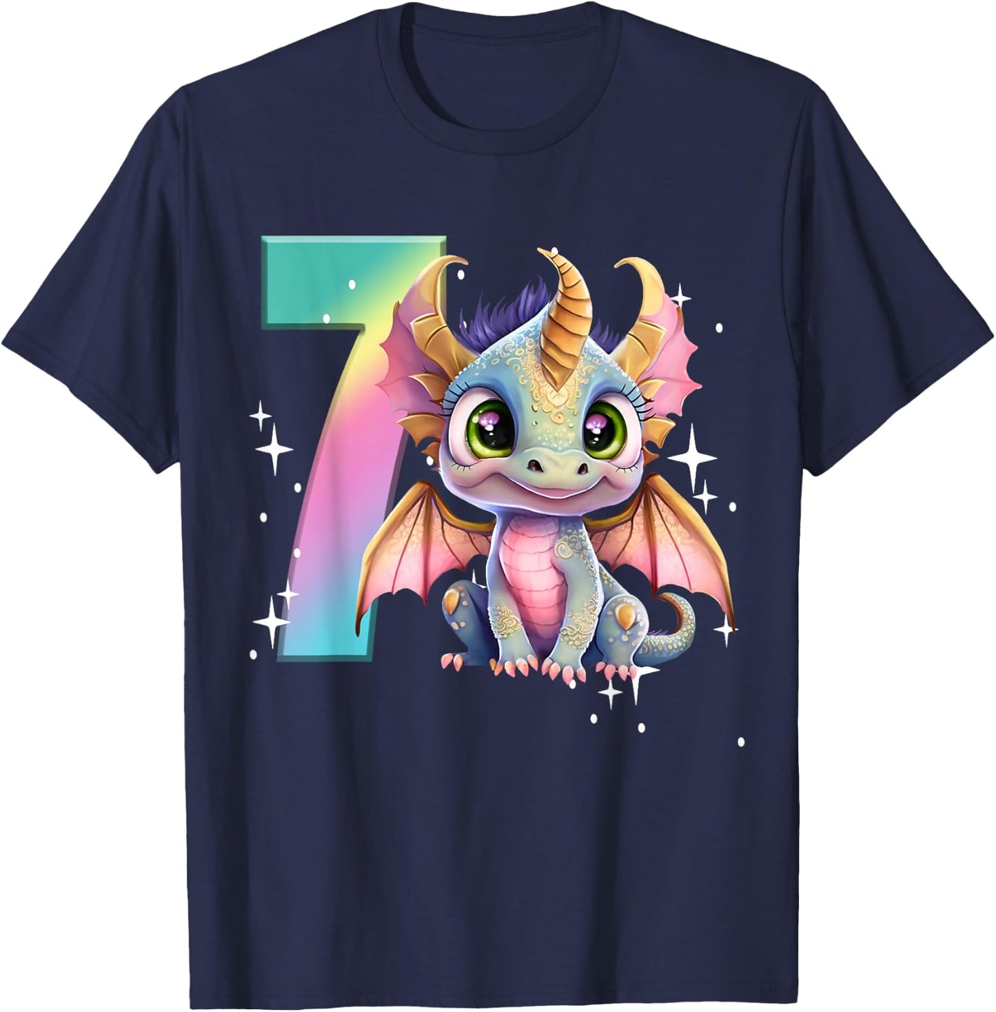 7th Birthday Shirt Girl Dragon Birthday Outfit Rainbow Seven T-Shirt - T-Shirt | Navy