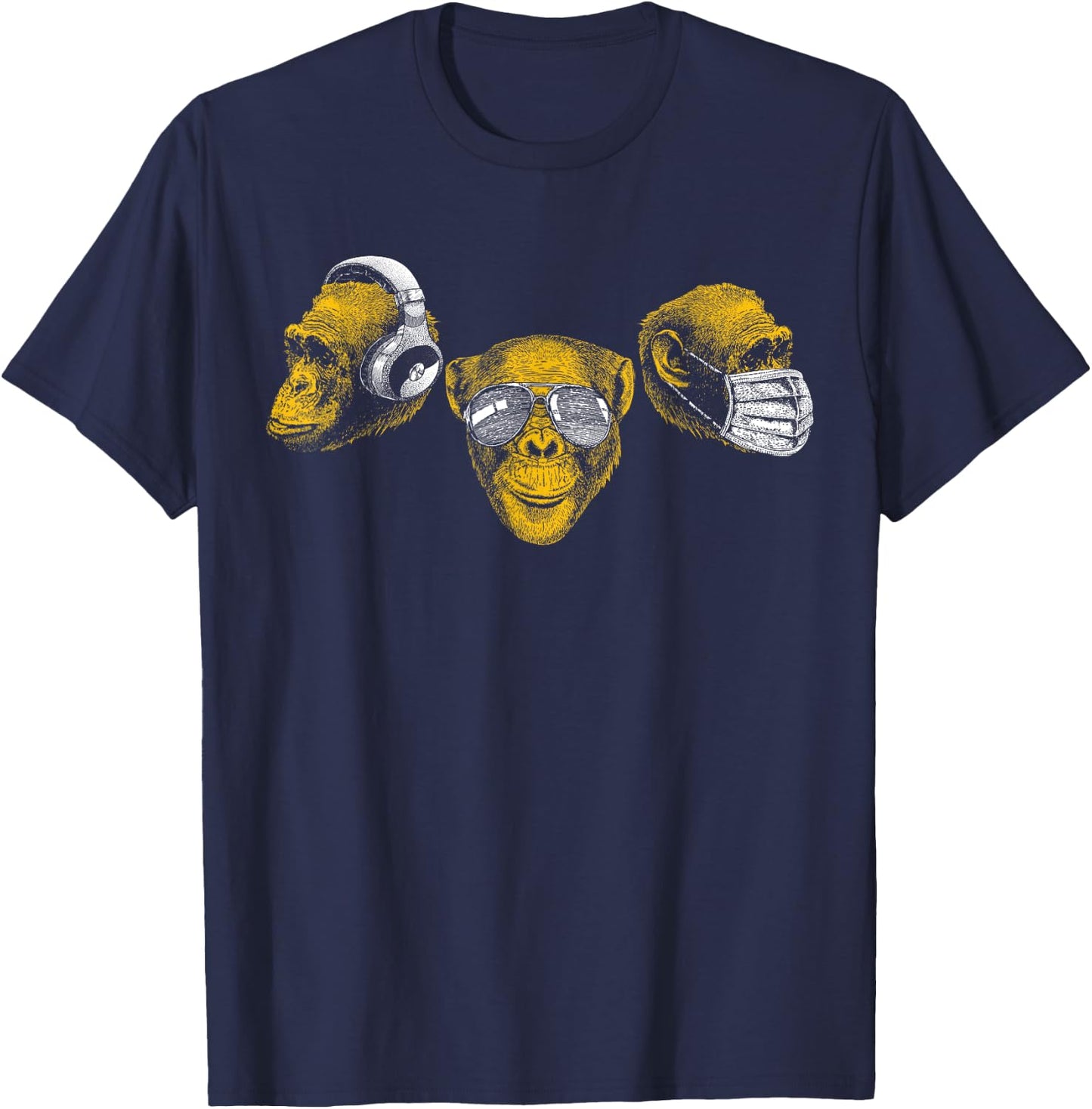 Three Chimpanzee Heads Wise Monkey Speak Hear & See No Evil T-Shirt - T-Shirt | Navy