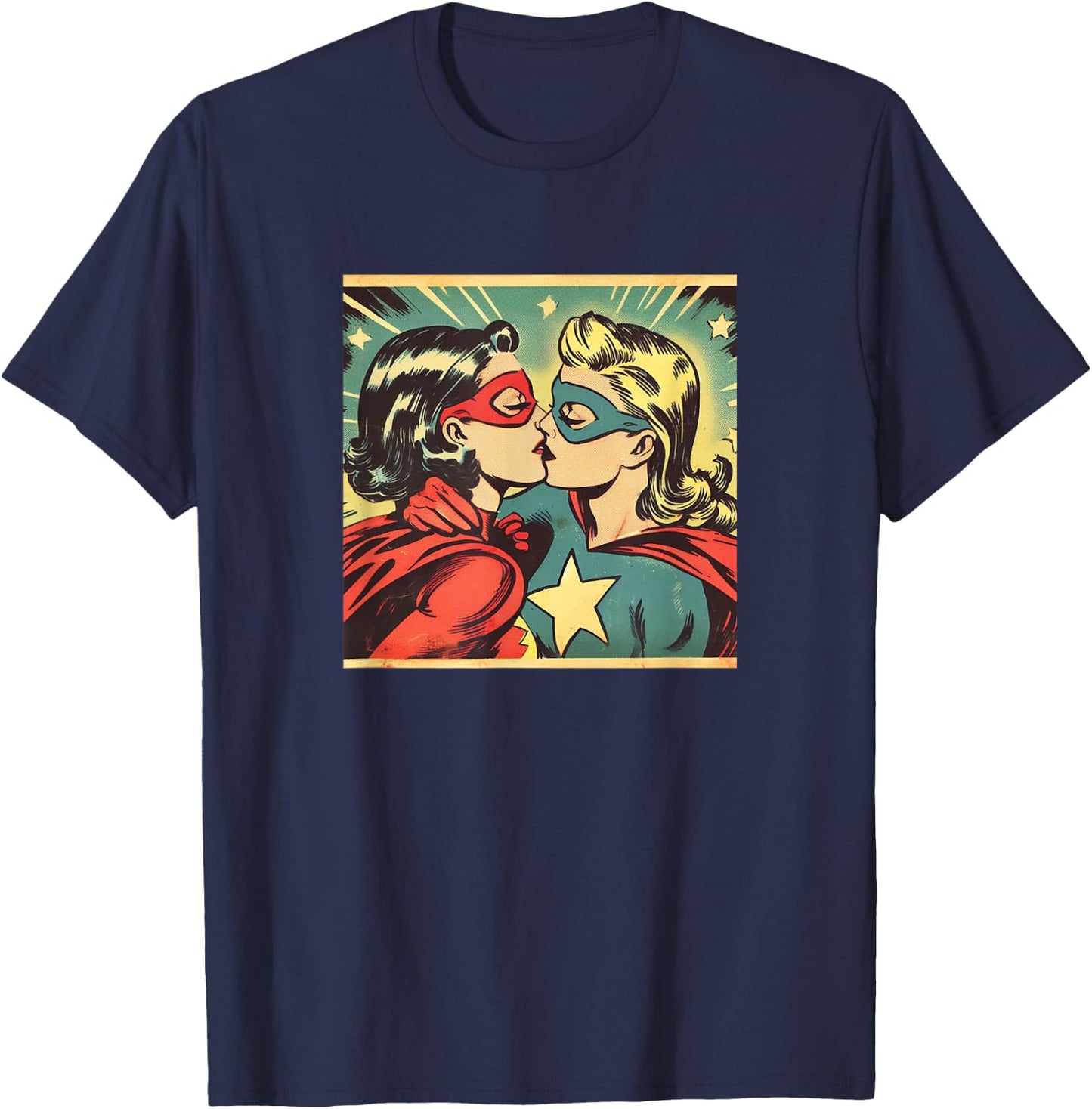 Vintage Superheroes Kissing Lesbian LGBT Queer Love Meme , black T-Shirt - T-Shirt | Navy