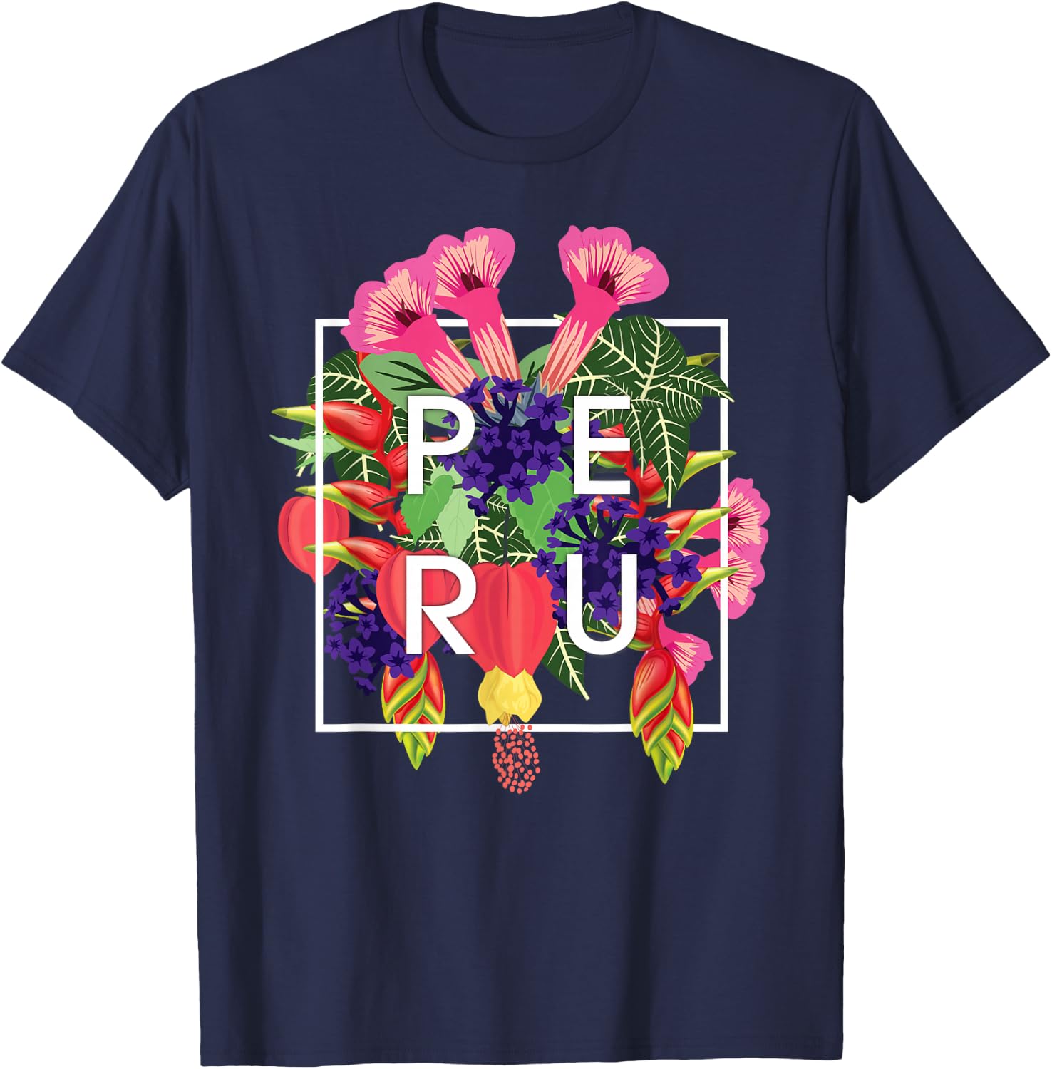 Flowers of Peru Word Art - Peruvian Pride T-Shirt - T-Shirt | Navy