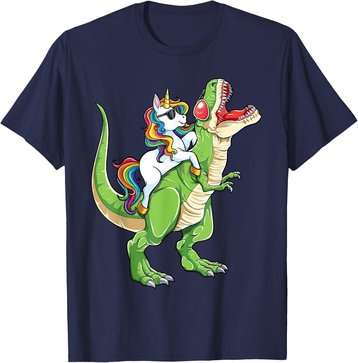 Unicorn Riding T rex Dinosaur Boys Girls Men Women Funny T-Shirt - T-Shirt | Navy