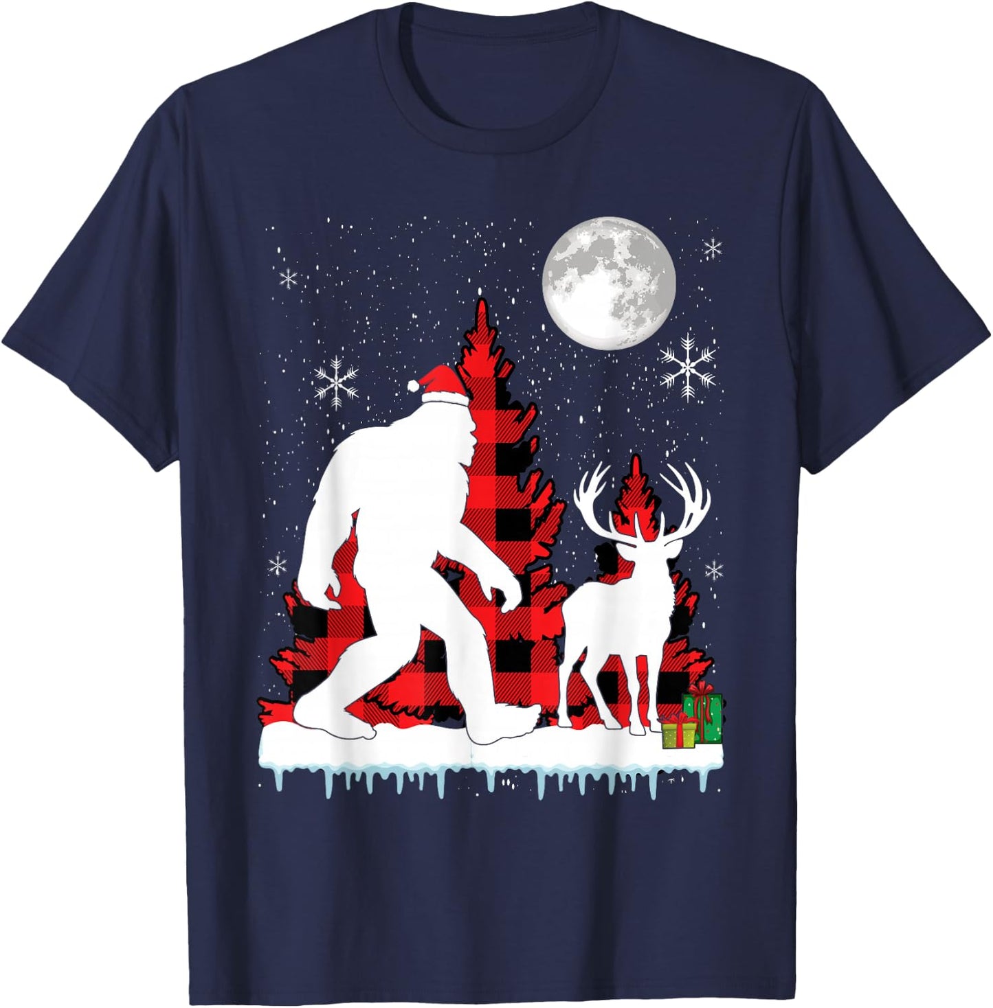 Bigfoot Buffalo Plaid Christmas Trees T-Shirt - T-Shirt | Navy