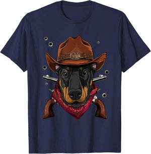 Cowboy Doberman Western Rodeo Cowboy Hat and Bandana Dog T-Shirt - T-Shirt | Navy