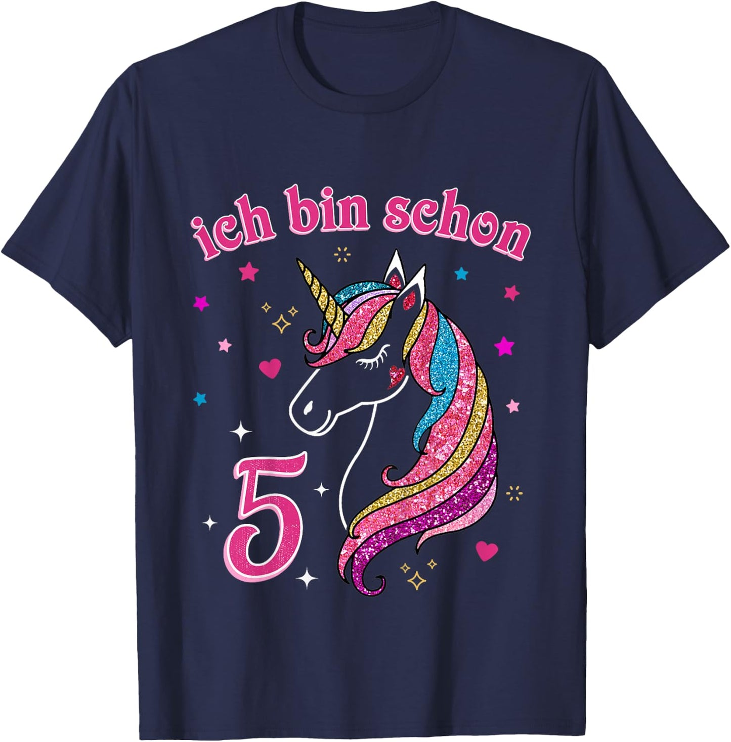 Children's 5th Birthday Girls' with German Text "Ich bin schon 5 Jahre alt Einhorn", black T-Shirt - T-Shirt | Navy