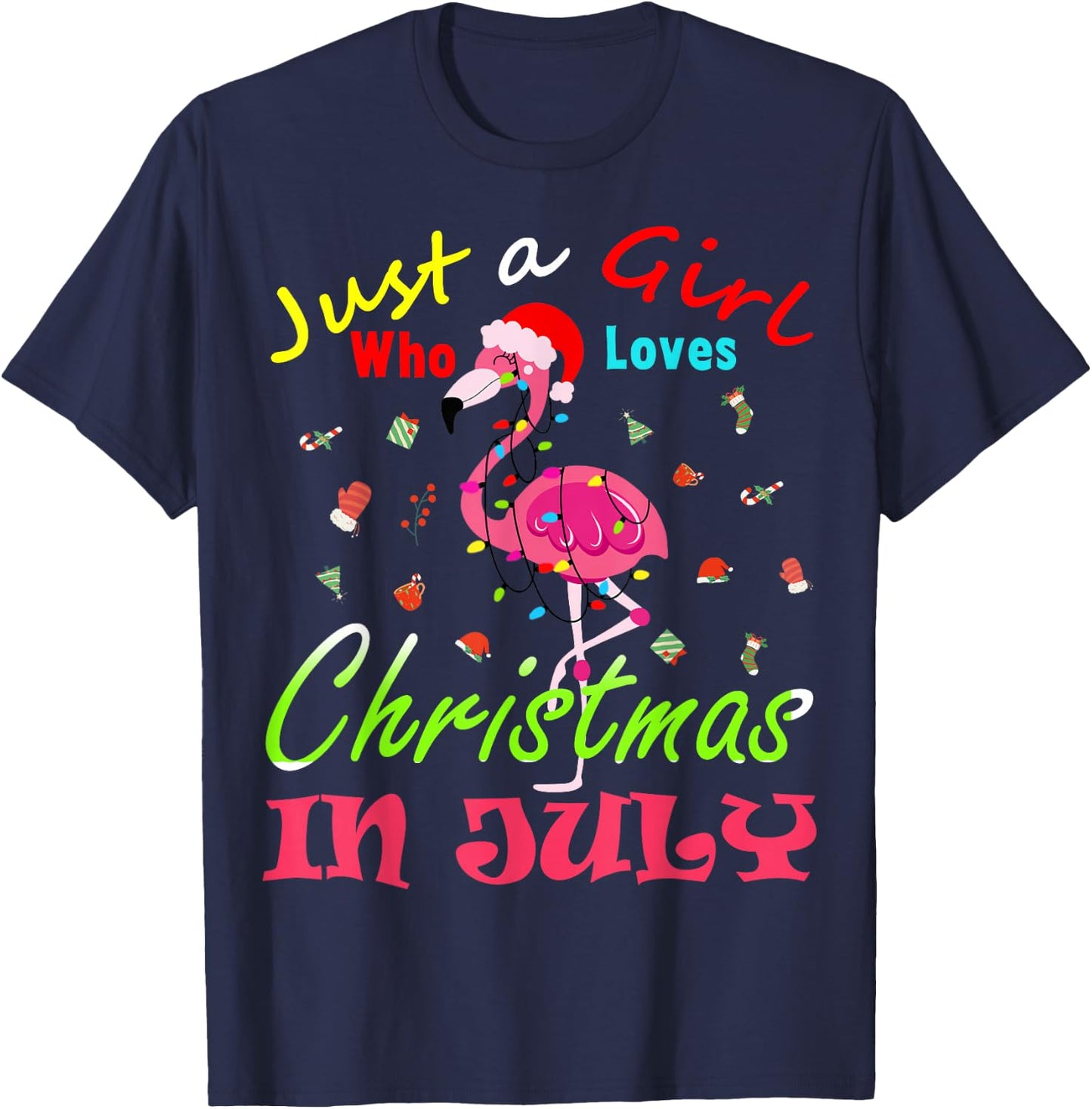 Just A Girl Who Loves Christmas In July Flamingo T-Shirt - T-Shirt | Navy