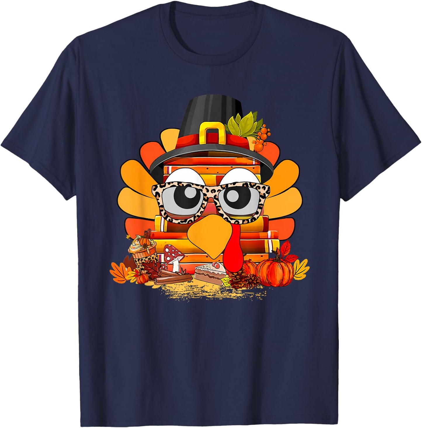 Books Turkey Face Teacher Read Fall Thanksgiving Men Women T-Shirt - T-Shirt | Navy