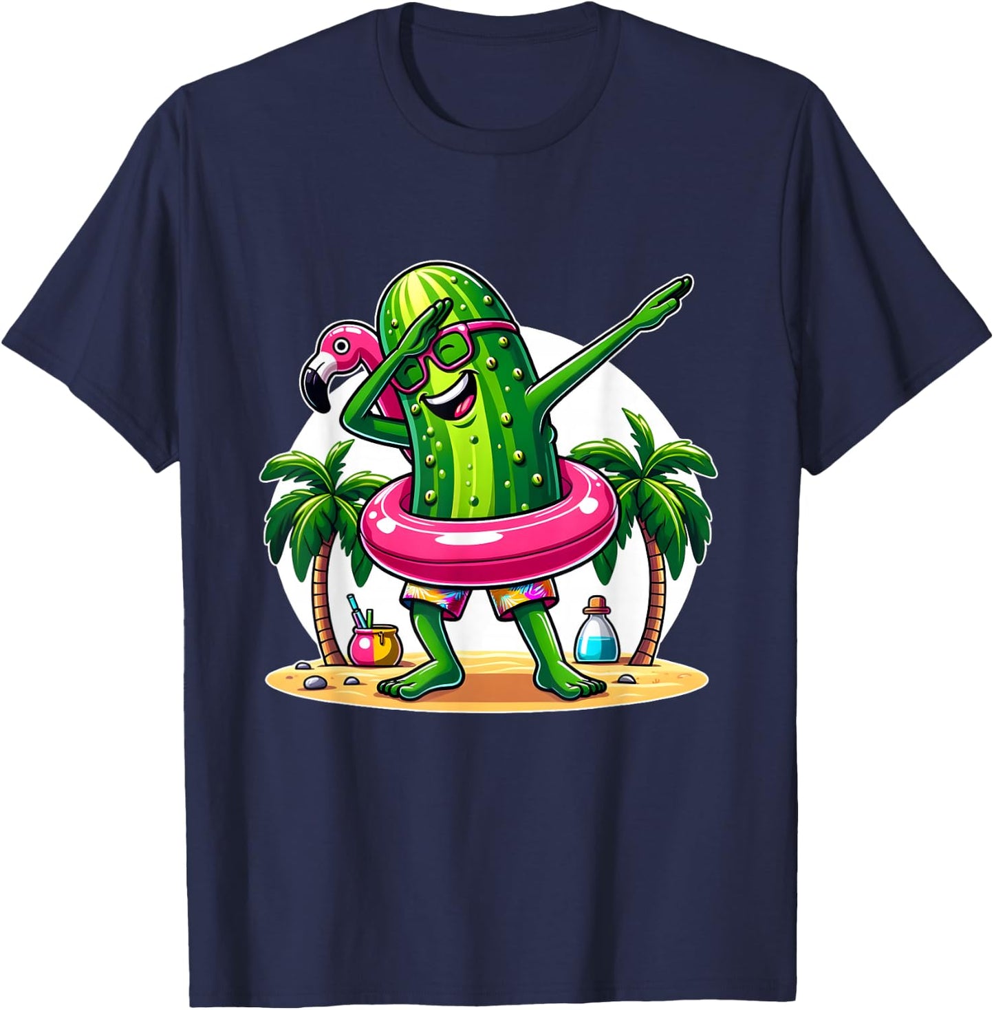Unique Dabbing Pickle Flamingo Summer Fun T-Shirt - T-Shirt | Navy