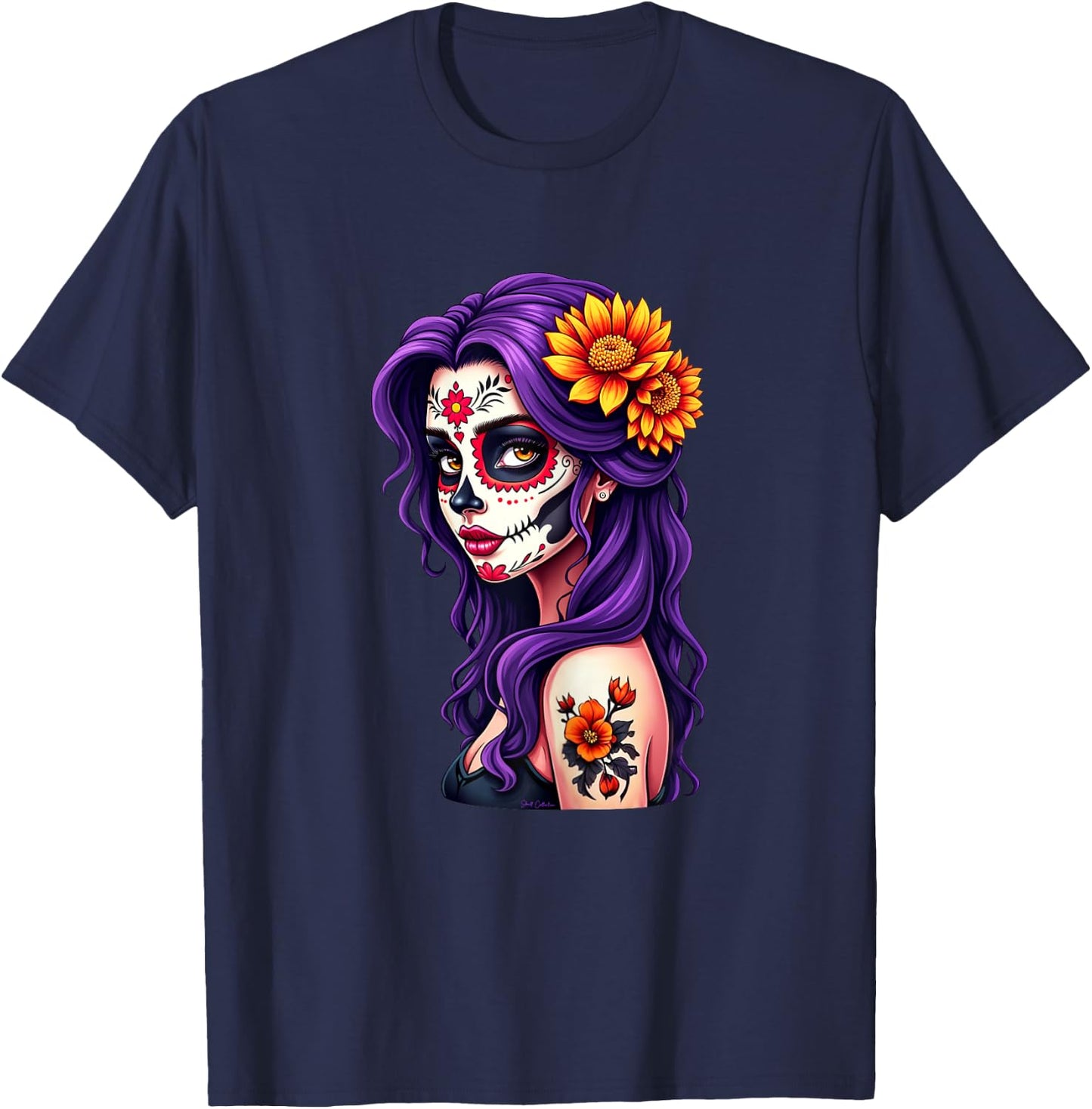 Dia de los Muertos Head Mexican Woman Mexico Sugar Skull , Black, Female X-Small T-Shirt - T-Shirt | Navy