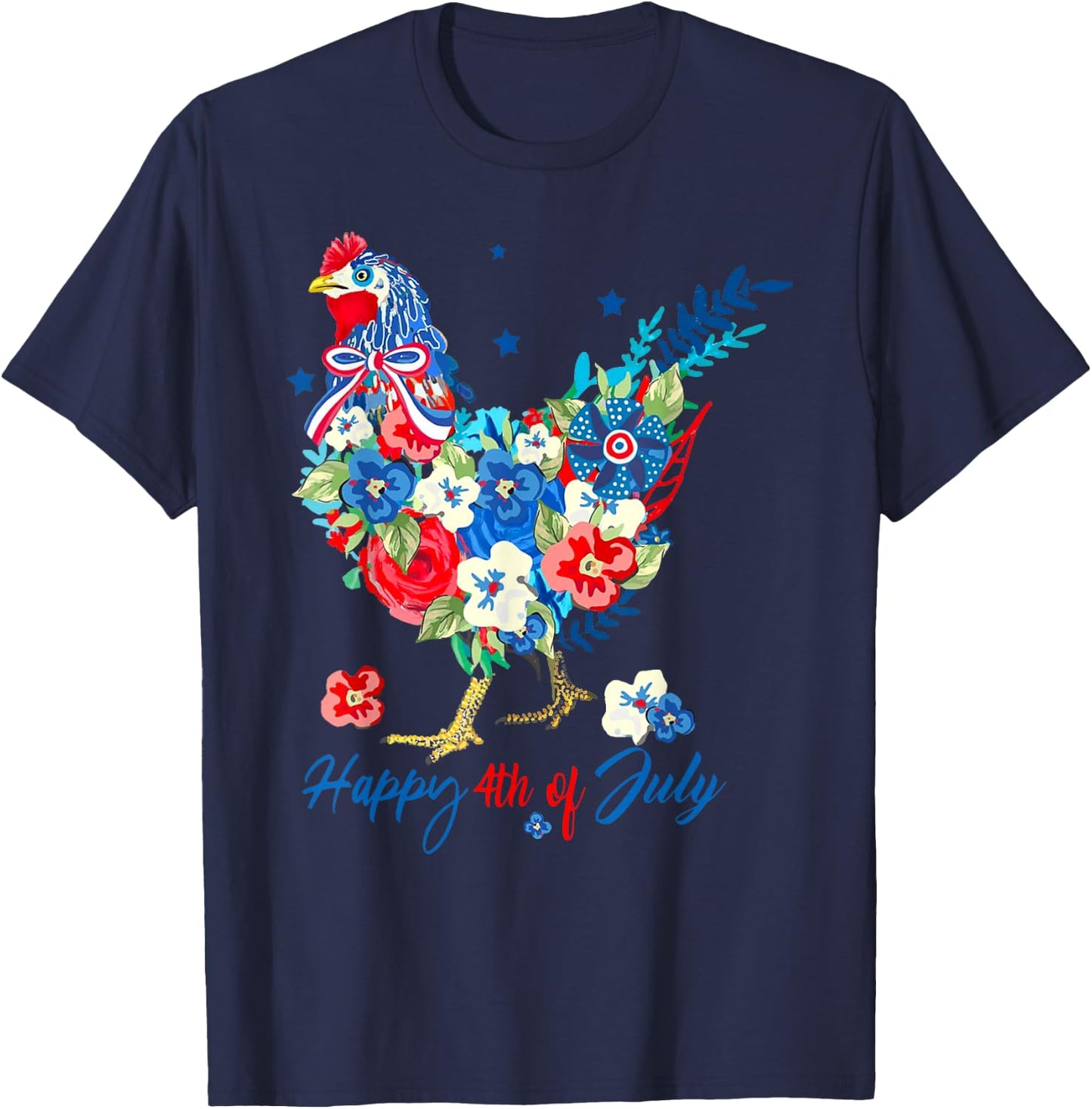 Floral Happy 4th of July Chicken Pioneer Woman Patriotic T-Shirt - T-Shirt | Navy